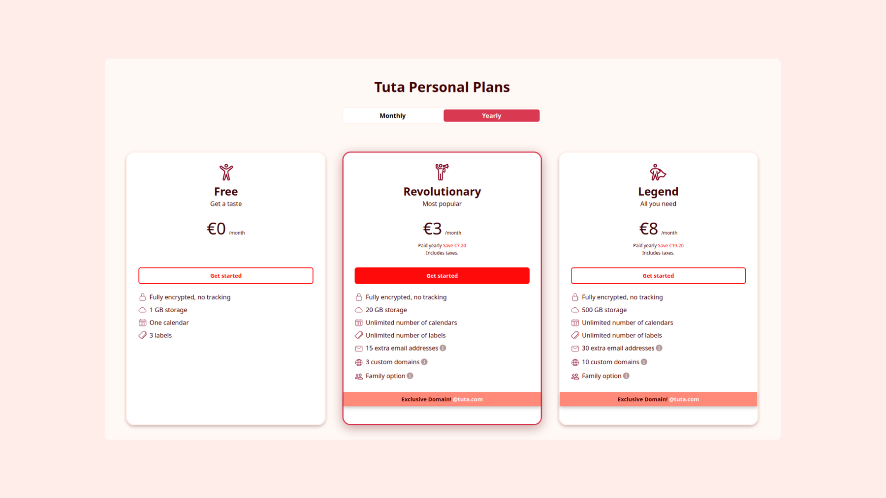 Tuta Mail’s Personal Plans: Free, Revolutionary, Legend.