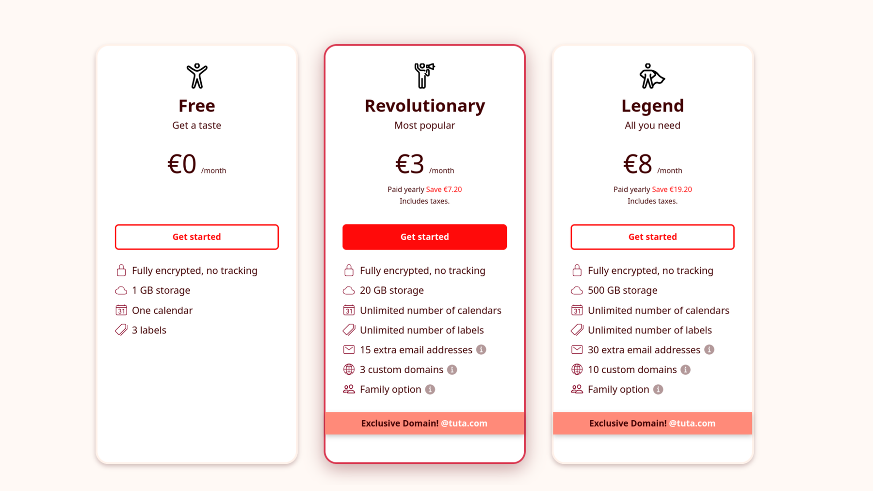 Screenshot: Tuta personal plans: Free, Revolutionary, Legend.