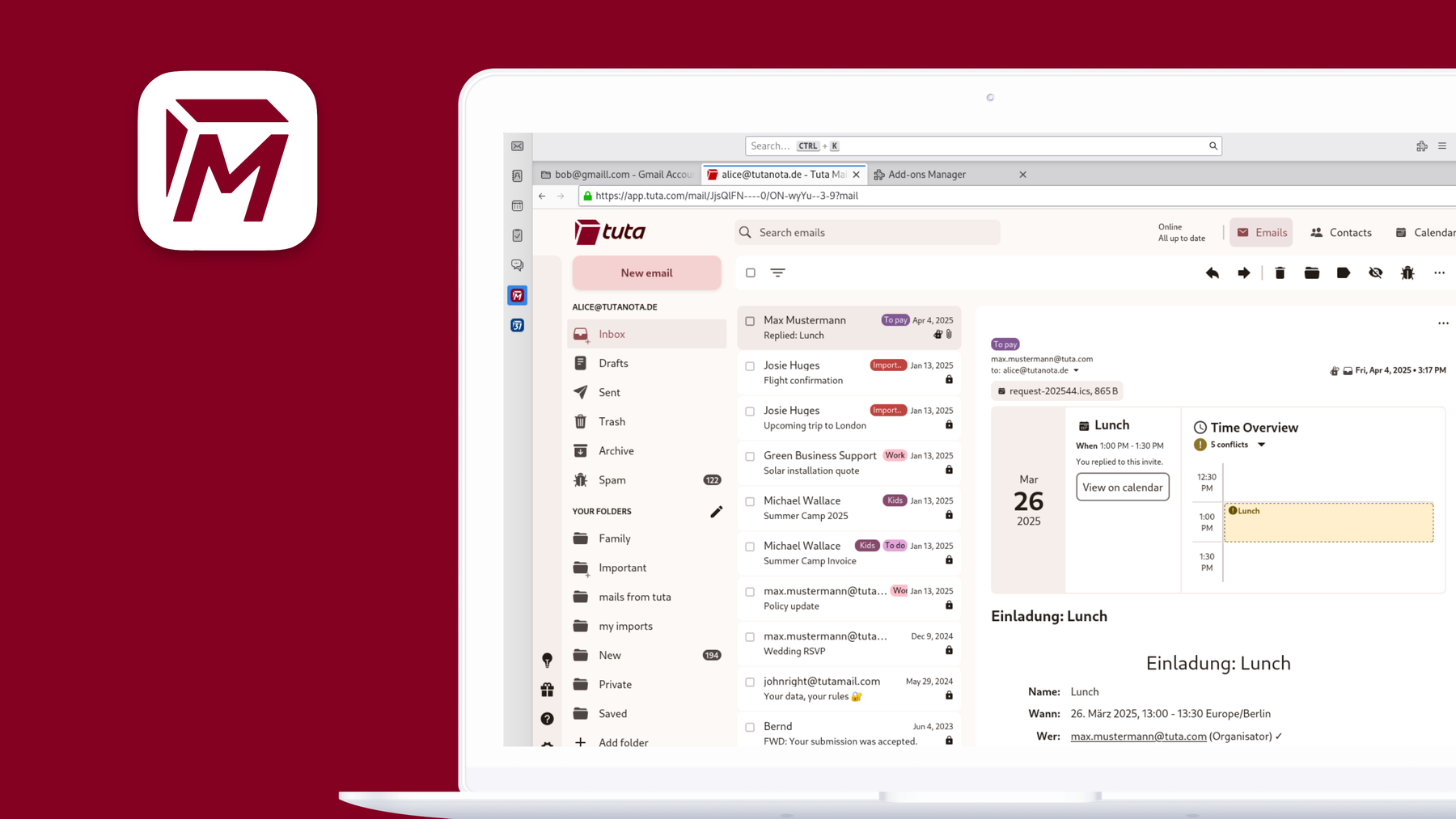 Screenshot of the Tuta Mail add-on in Thunderbird.