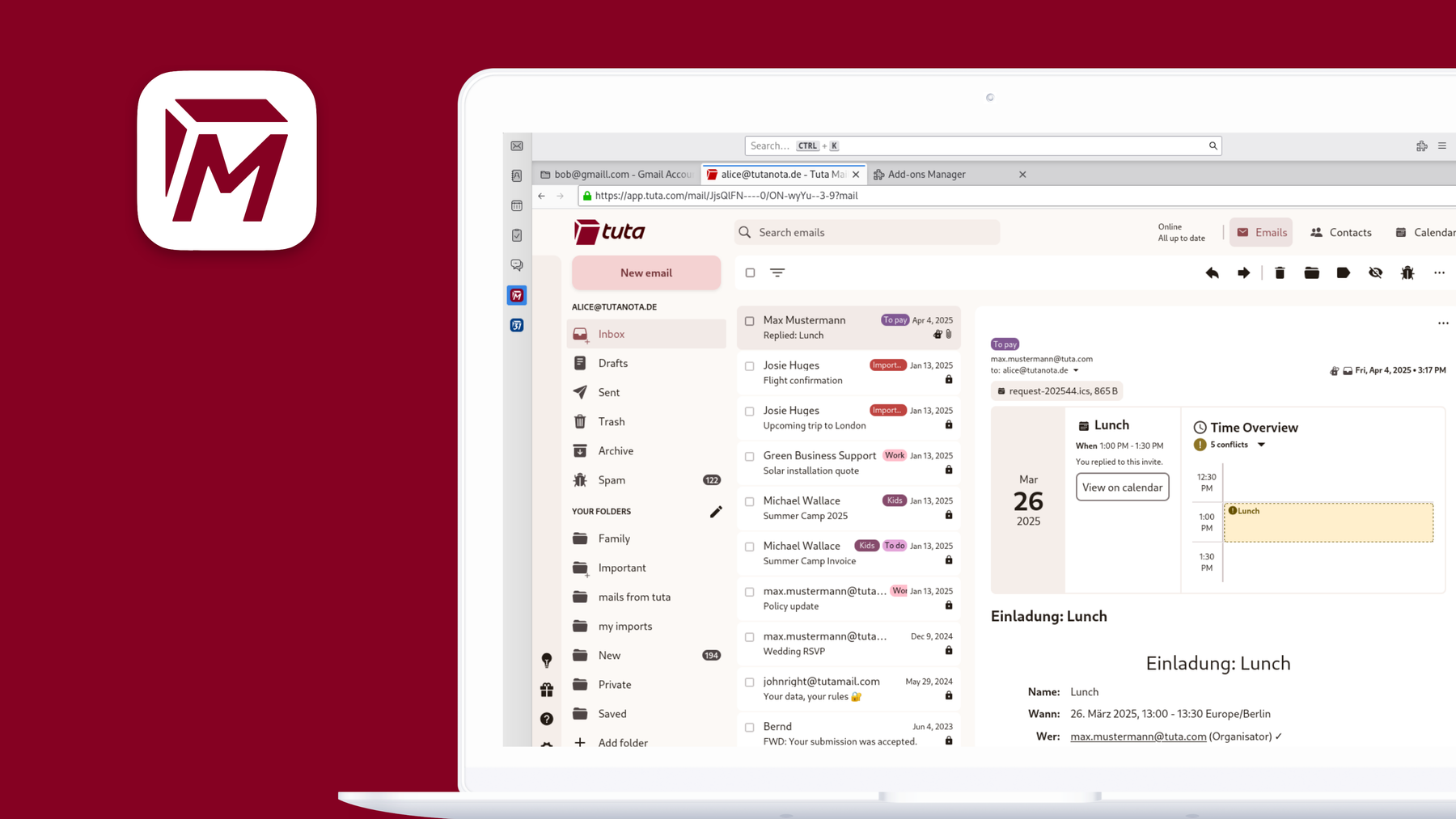 Screenshot of the Tuta Mail add-on in Thunderbird.