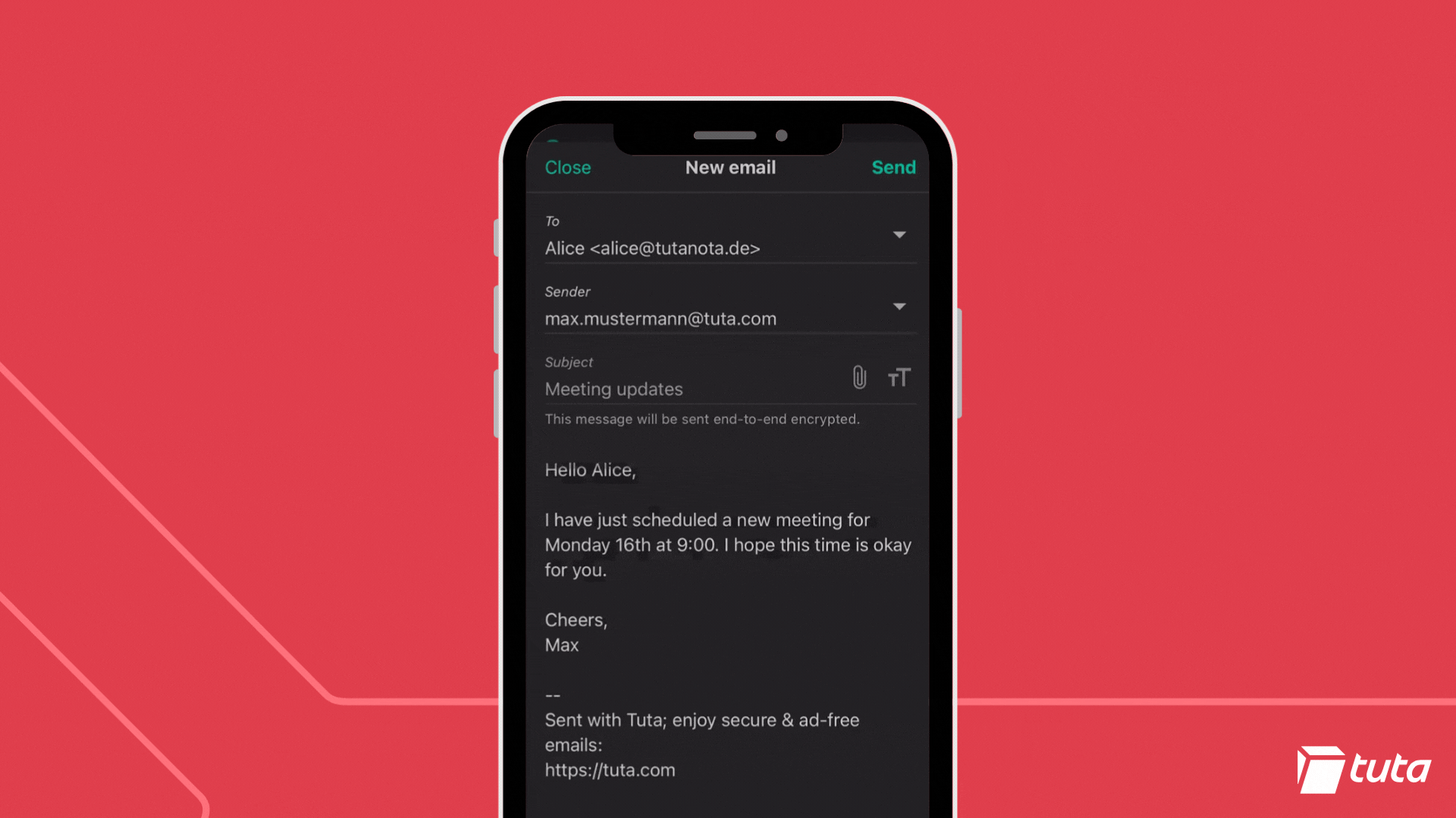 Send Ende-zu-Ende encrypted emails with Tuta Mail.