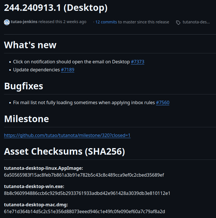 A screenshot of the latest release of the Tuta Desktop Client checksums.