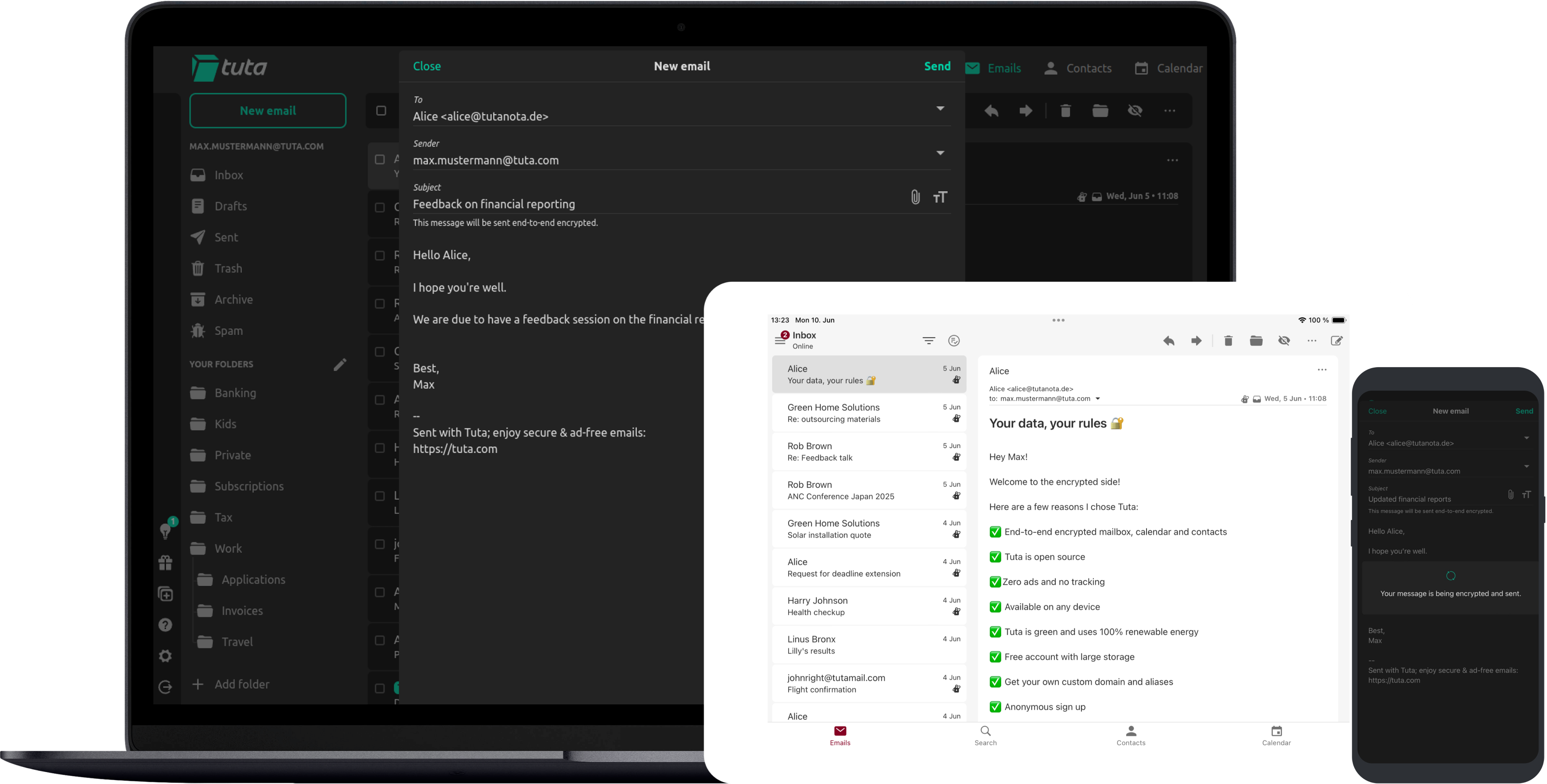 Tuta's end-to-end encrypted mailbox on different devices.