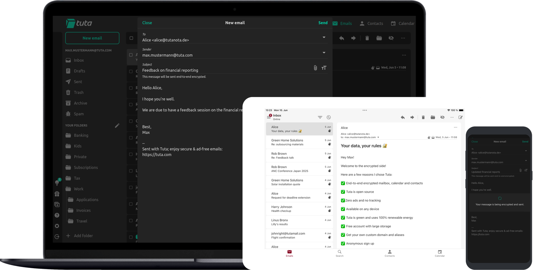 Tuta’s end-to-end encrypted mailbox on different devices.