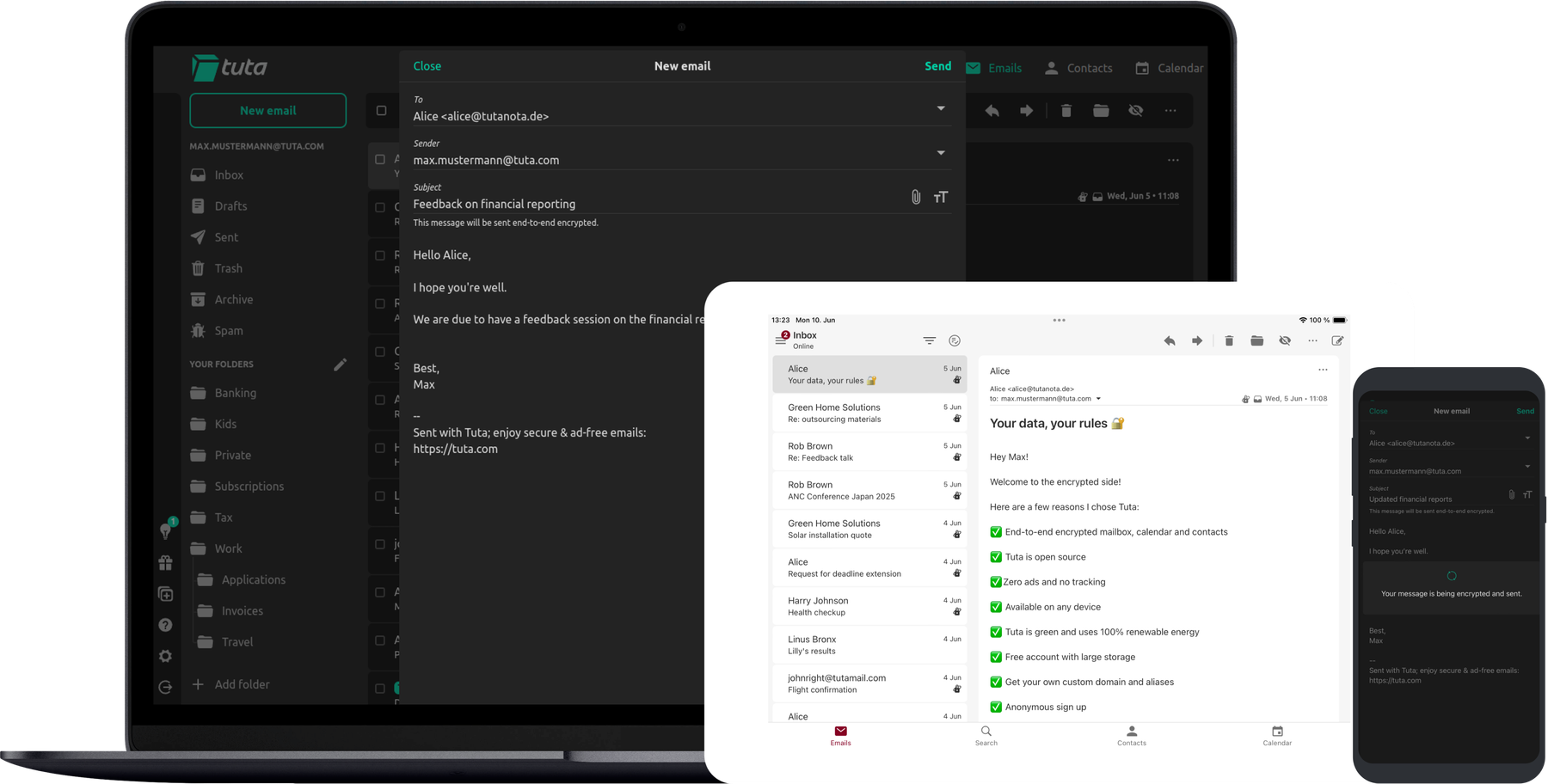 Tuta's Ende-zu-Ende verschlüsselte Mailbox auf verschiedenen Geräten.