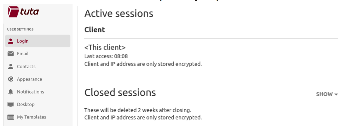 In Tuta Mail you can manage your login sessions with two simple clicks.