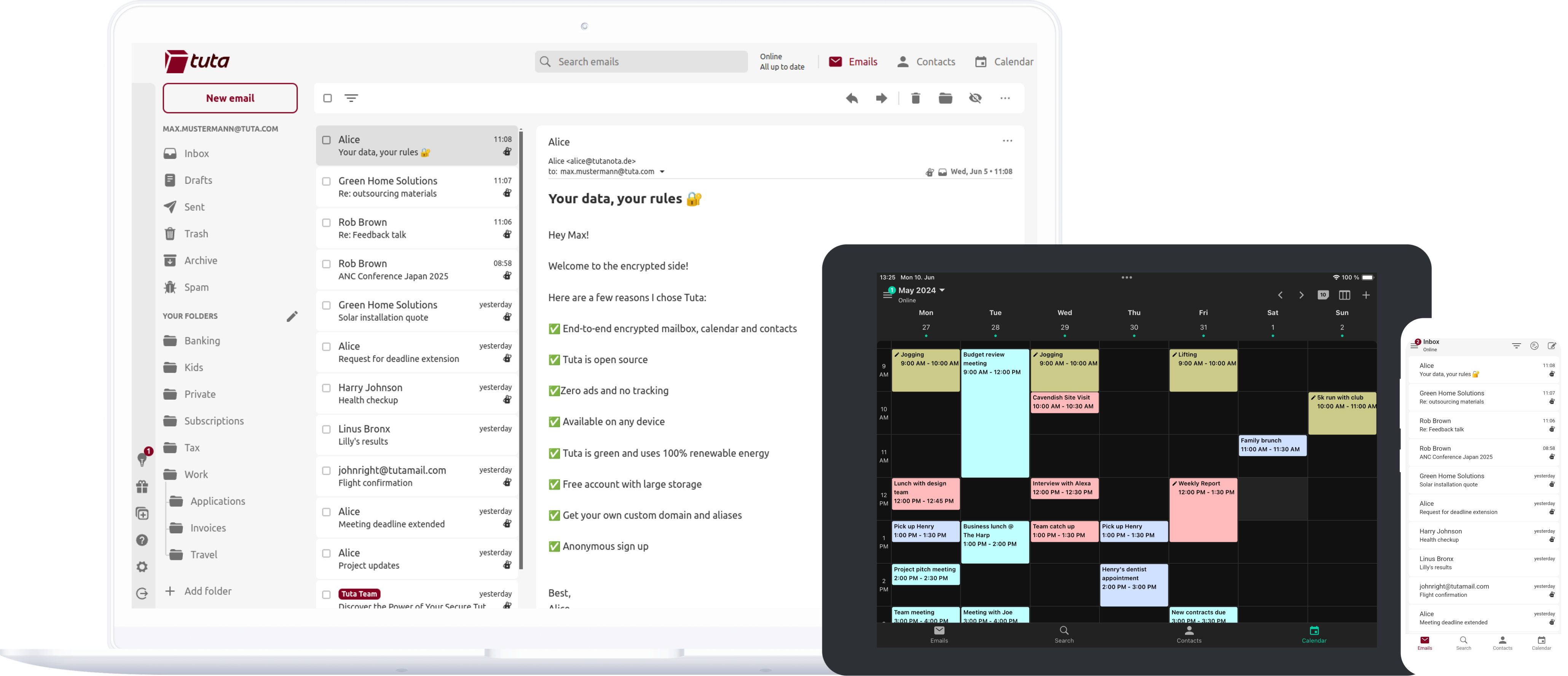 Tuta verschlüsselt automatisch alle E-Mails, Kalender und Kontakte