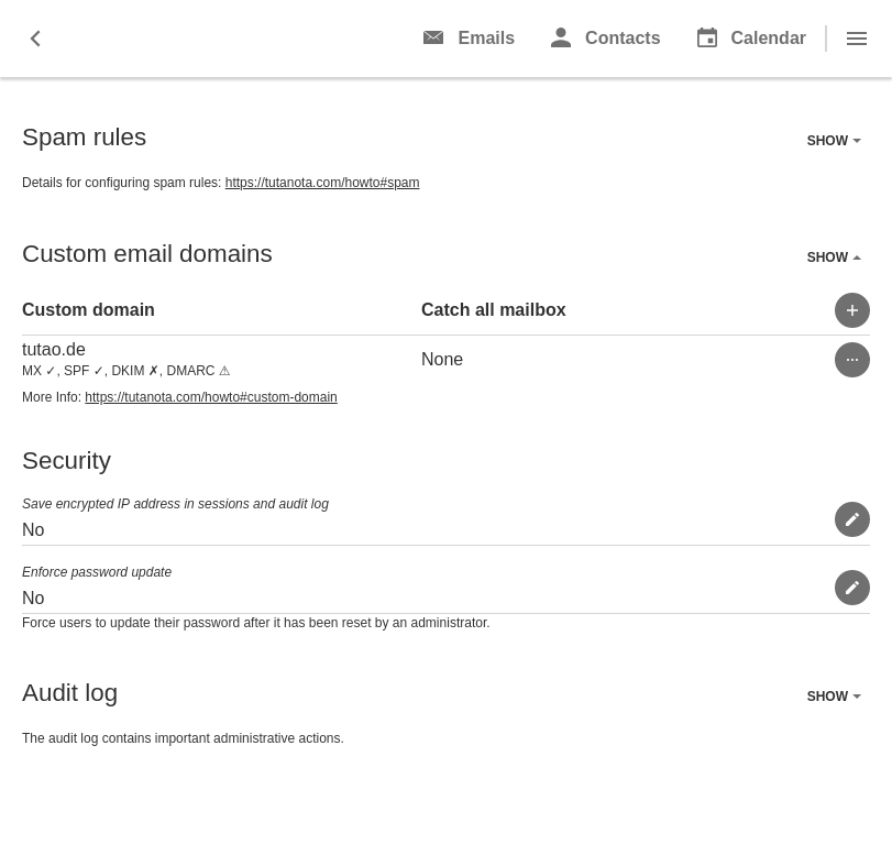 DKIM domain status in the Tuta email client