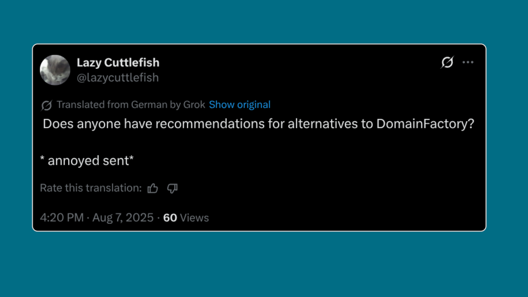 User asking on X for alternatives to DomainFactory.