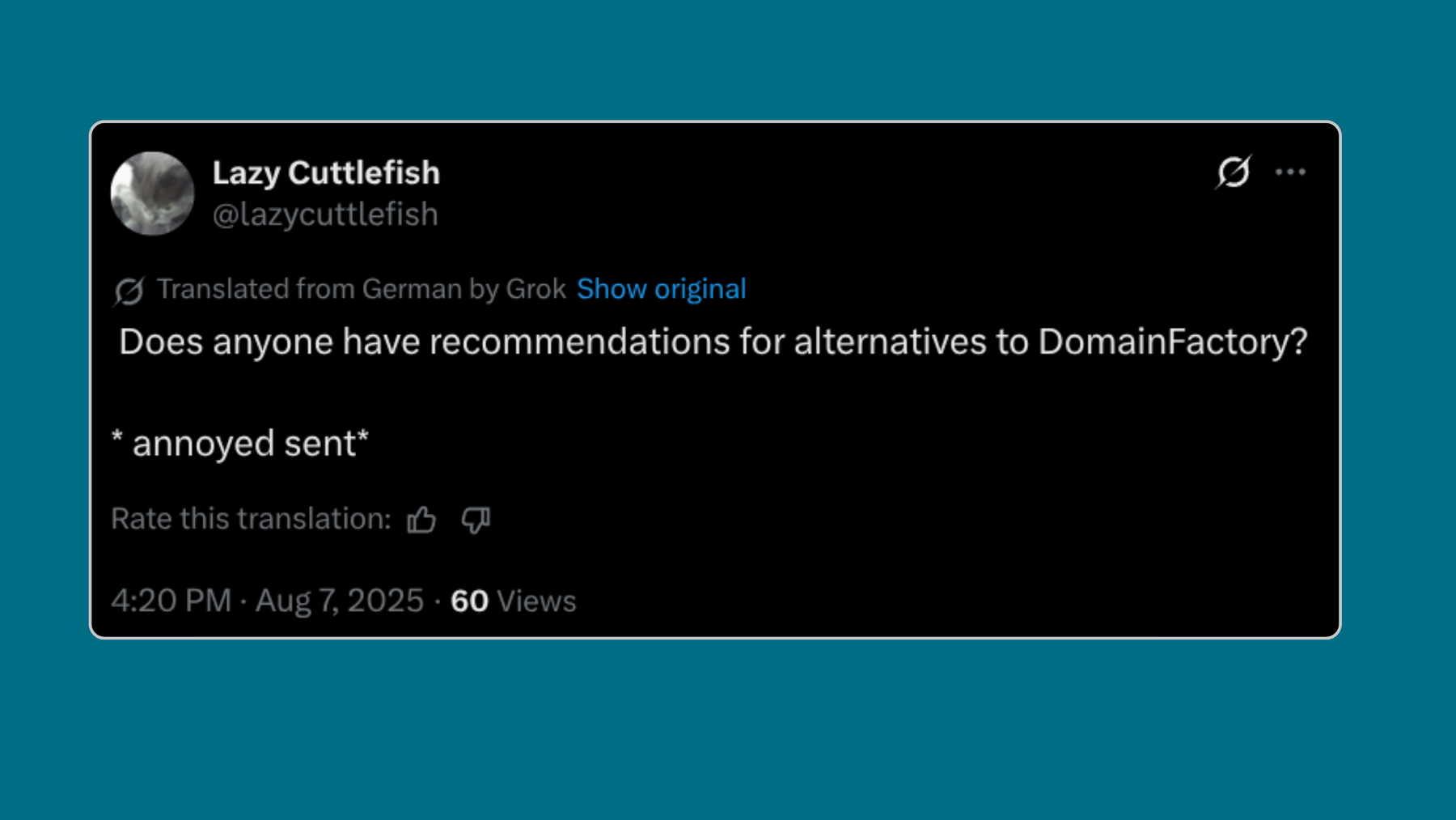 Nutzer auf X fragt nach alternativen zu DomainFactory