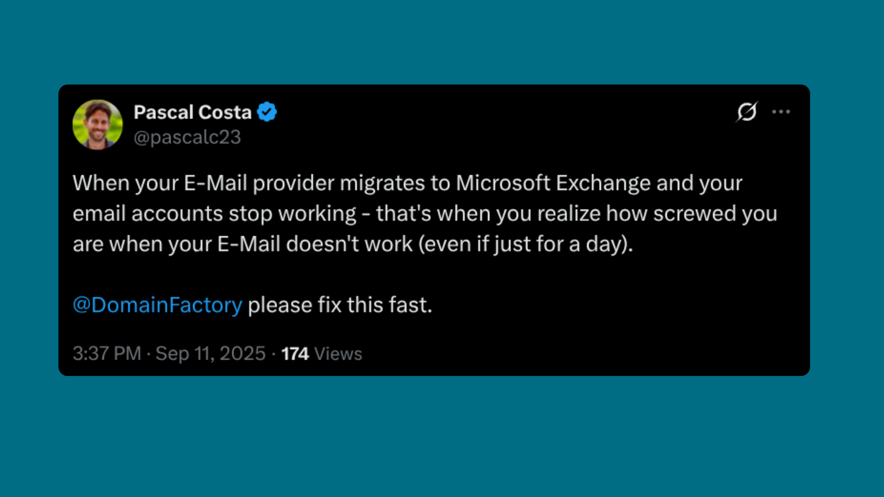 Nutzer beschwert sich auf X, dass DomainFactory die E-Mail-Konten zu Microsoft Exchange migriert hat.