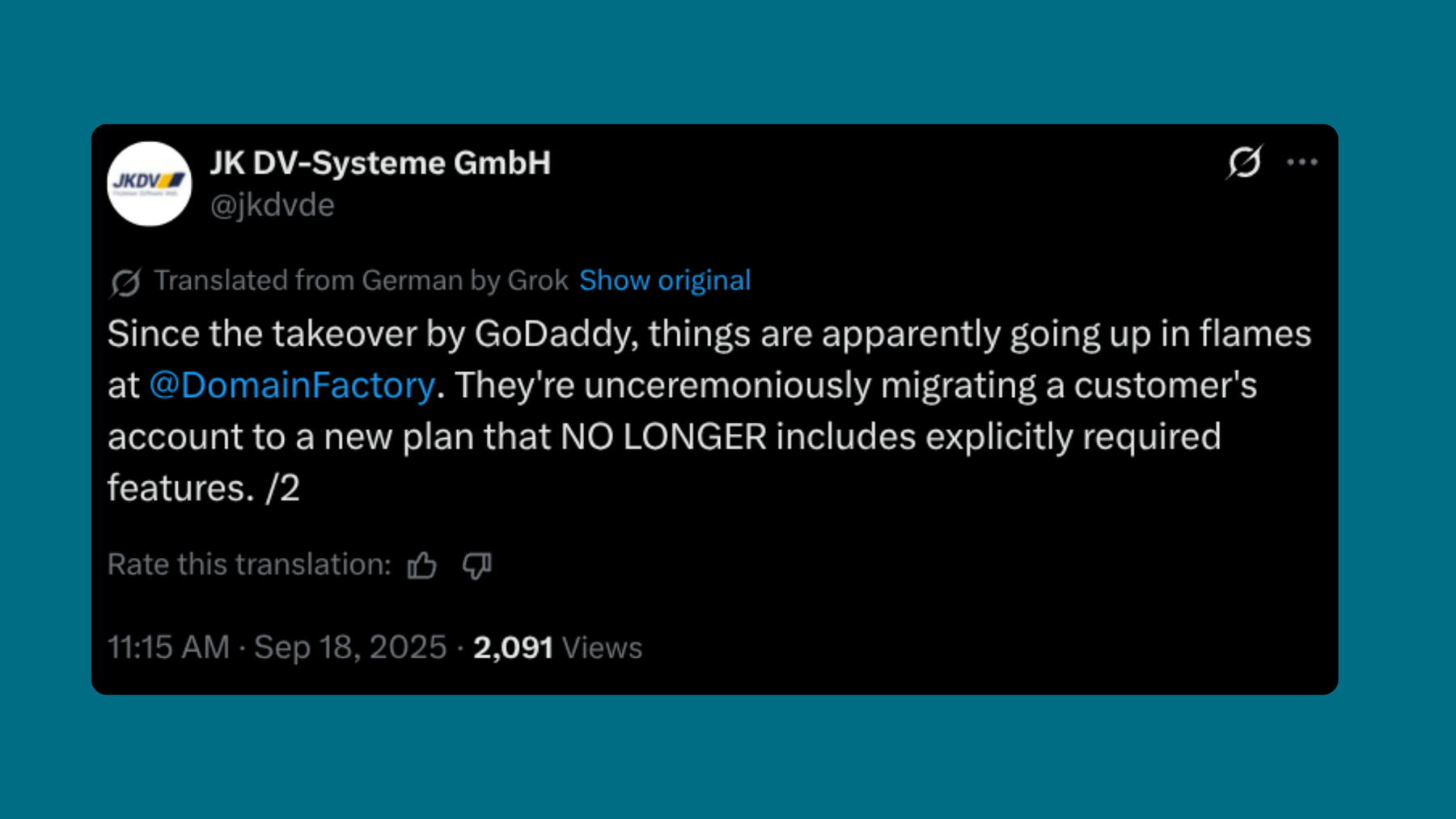 User complaining on X about DomainFactory to remove features.