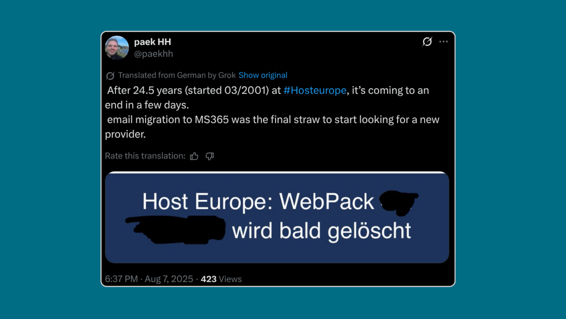 Nutzer beschwert sich auf X, dass Host Europe die E-Mail-Konten zu MS 365 migriert hat.