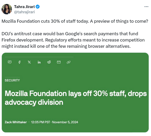 Tweet von Tahra Jirari: Mozilla Foundation entlässt heute 30 % der Mitarbeiter. Ein Vorgeschmack auf das, was kommen wird?