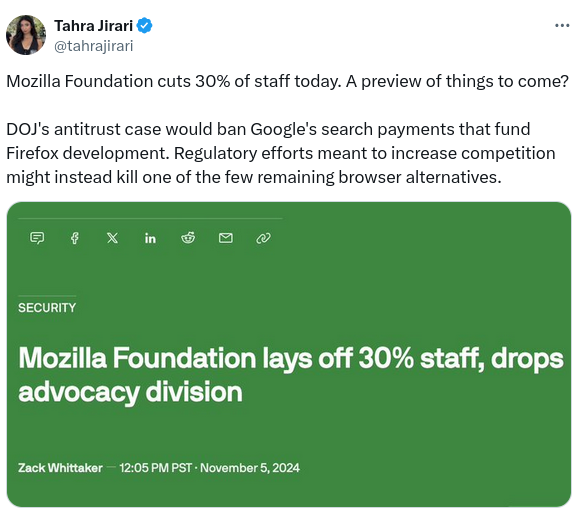 Tweet by Tahra Jirari: Mozilla Foundation cuts 30% of staff today. A preview of things to come?