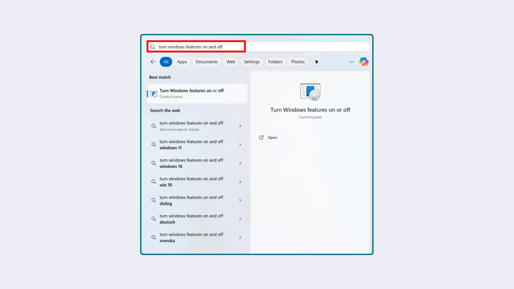 Uninstall Microsoft Recall: Search for Turn Windows features on or off.