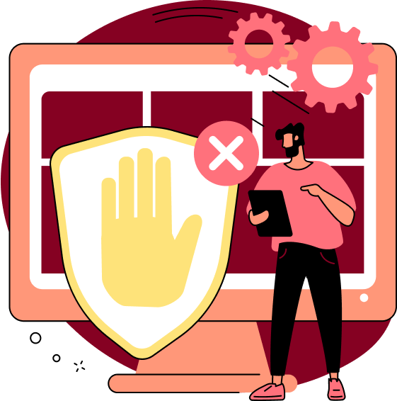 Illustration d'un homme avec un presse-papiers debout à côté d'un bouclier agrandi avec un symbole de main qui signale : Stop, nous gardons les espions hors de votre boîte de réception. Derrière l'homme et le bouclier agrandi se trouve un écran d'ordinateur surdimensionné.
