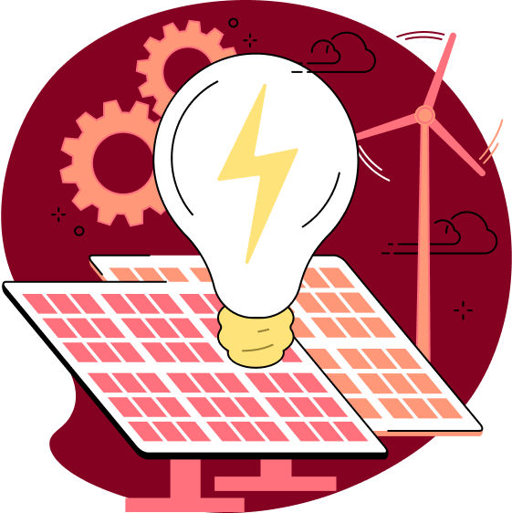 Illustration d'une éolienne, à côté de panneaux solaires et devant une ampoule agrandie symbolisant que Tuta utilise des énergies renouvelables.