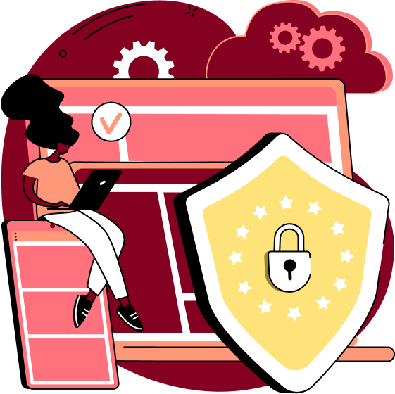 Illustration of a woman sitting working on a laptop, next to the woman is an enlarged shield with the European union stars in a circle surrounding a lock symbolizing secure email and EU data protection.