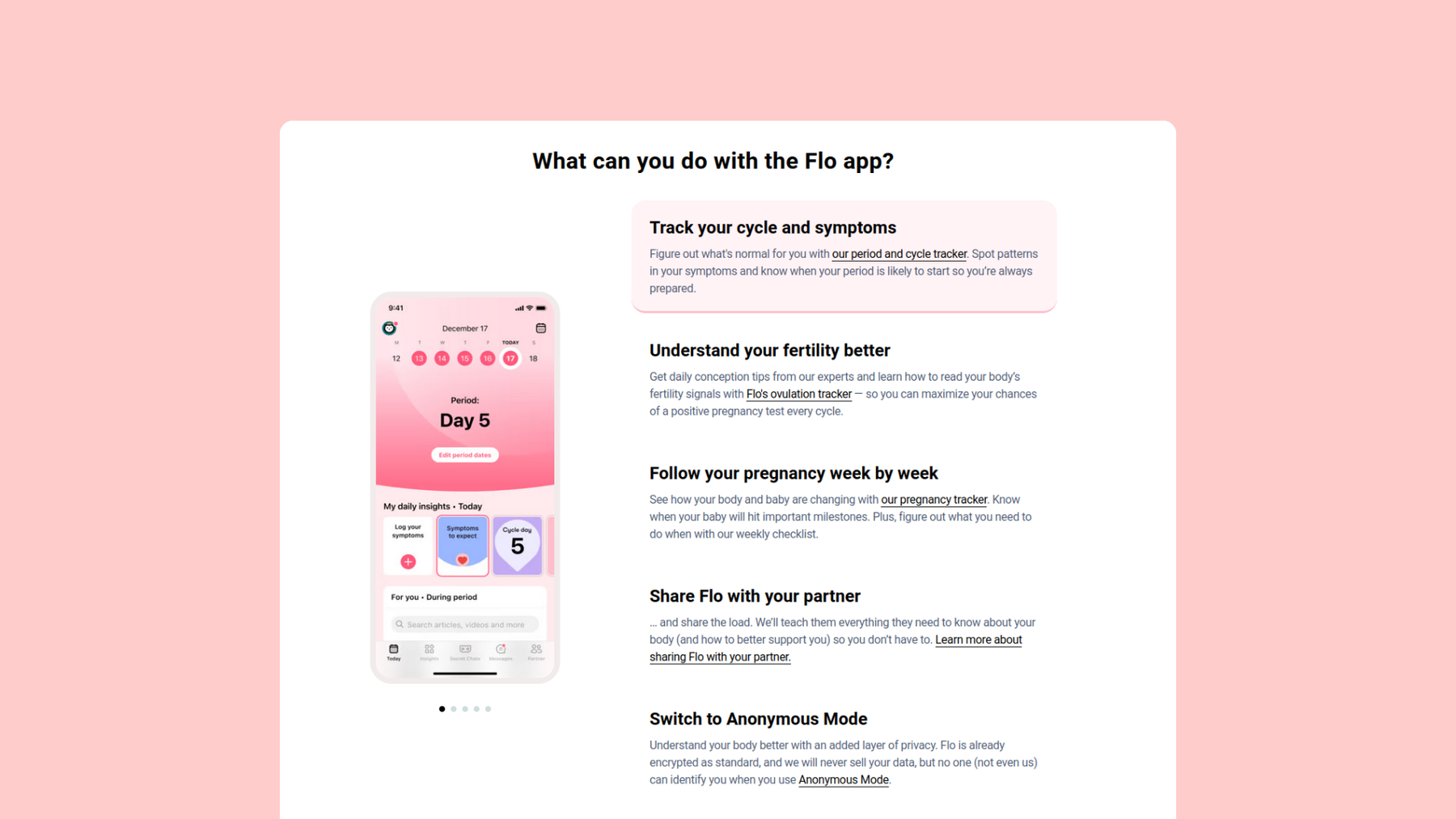 Screenshot aus Flo.Health: Was können Sie mit der Flo-App tun? Verfolgen Sie Ihre Zyklen und Symptome, verstehen Sie Ihre Fruchtbarkeit besser, verfolgen Sie Ihre Schwangerschaft Woche für Woche, teilen Sie Flo mit Ihrem Partner, wechseln Sie in den anonymen Modus.