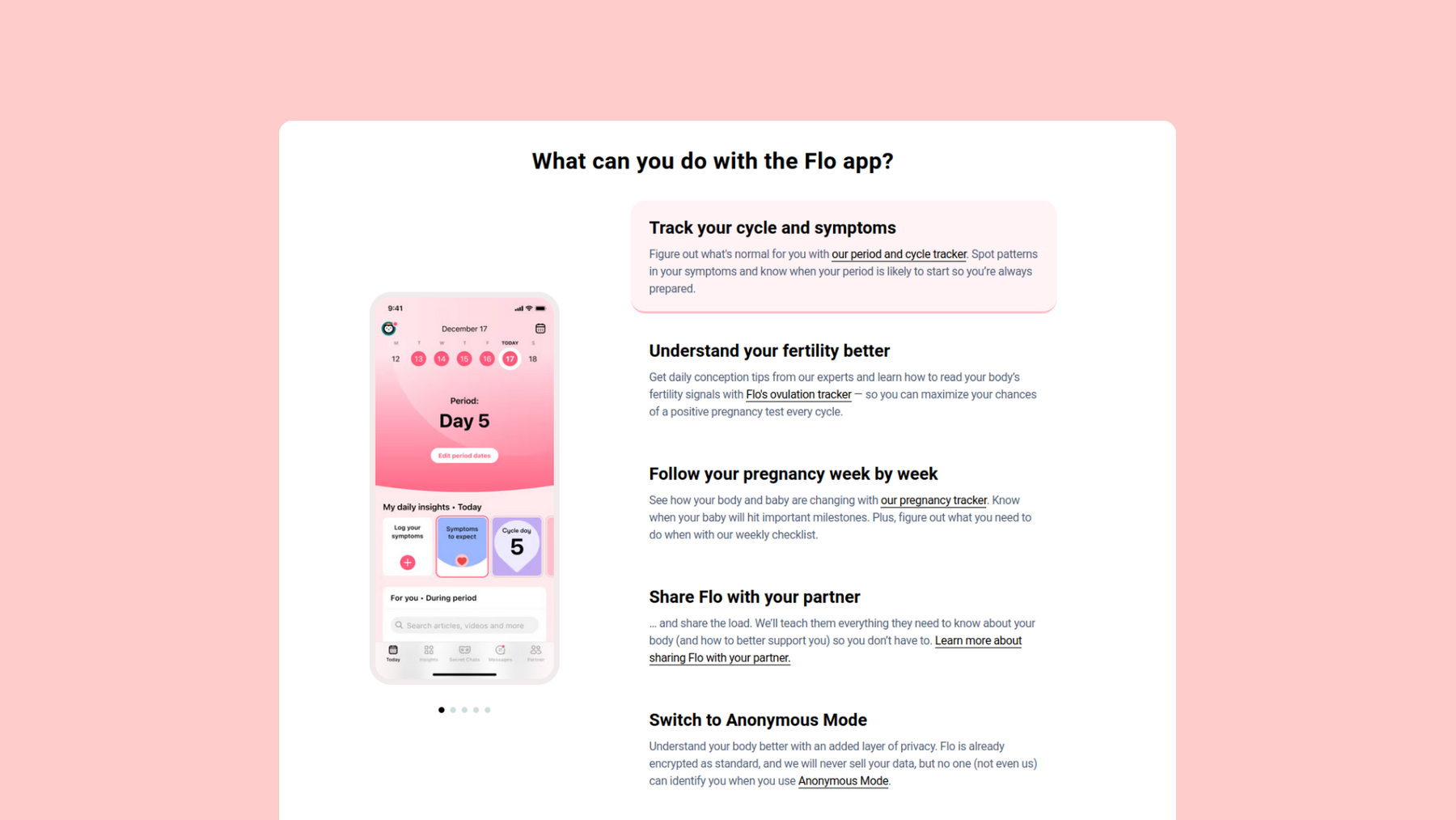 Screenshot taken from Flo.Health: What can you do with the Flo app? Track your cycles and symptoms, Understand your fertility better, Follow your pregnancy week by week, Share Flo with your partner, Switch to anonymous mode.