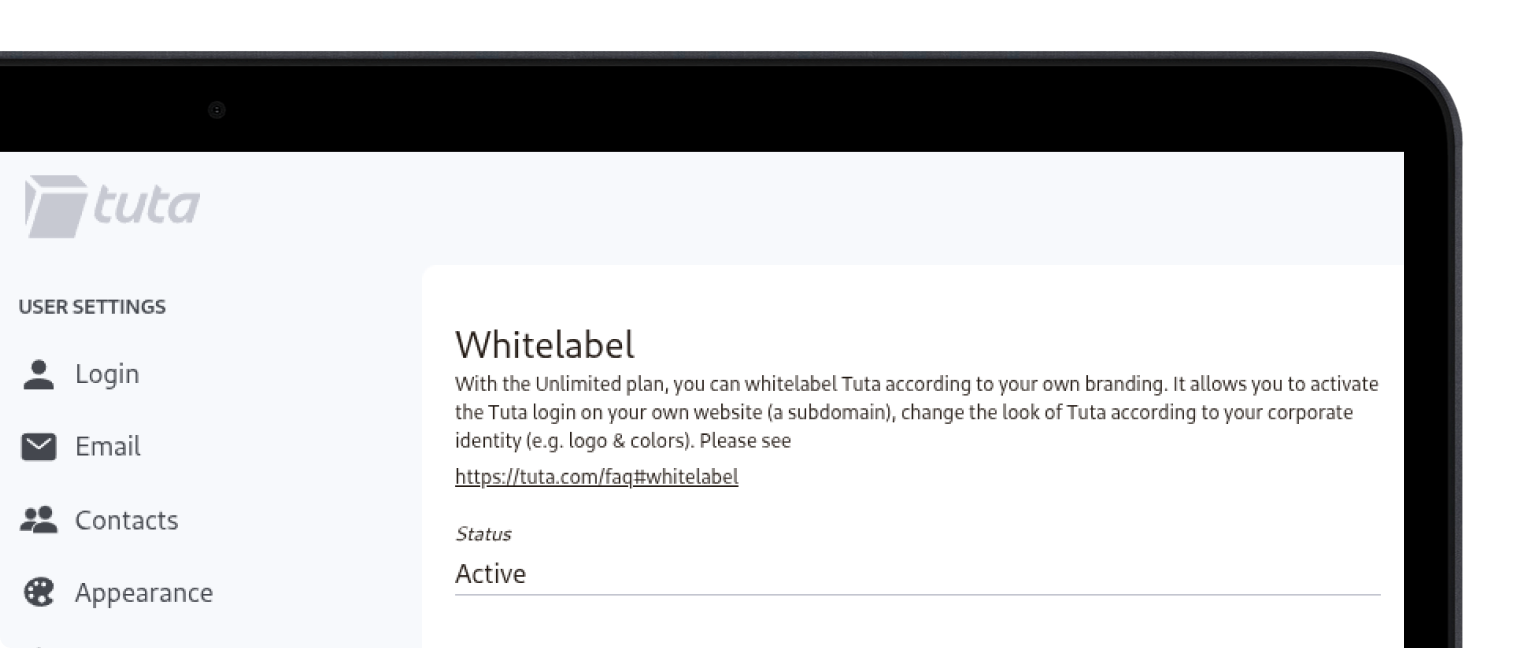 Tela de laptop mostrando uma ferramenta de personalização Whitelabel do Tuta Mail.