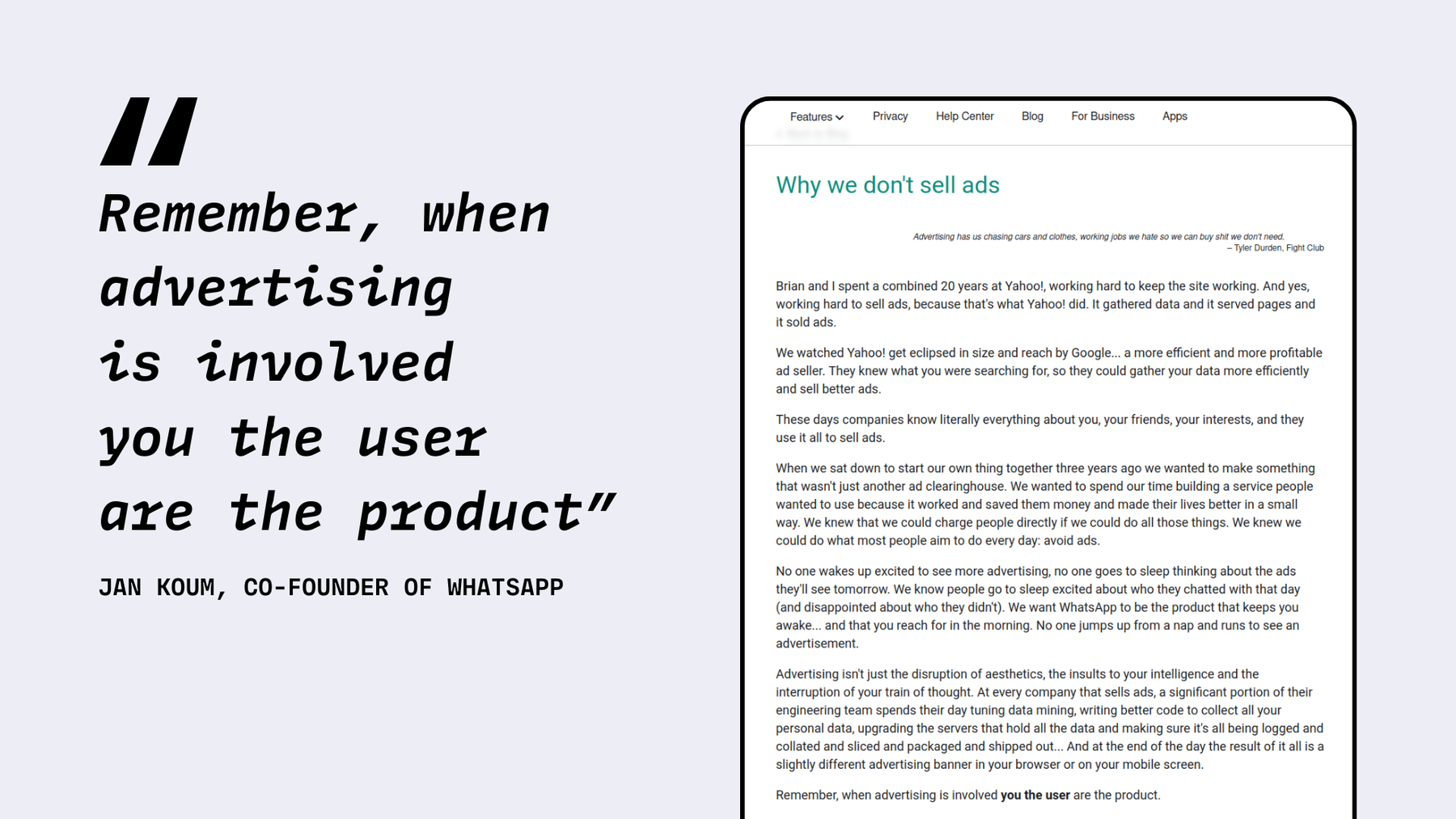 Screenshot from WhatsApp blog titled “Why we don’t sell ads”.