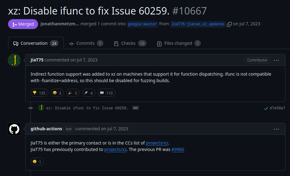 A screenshot of Tan’s request to have ifunc disabled.
