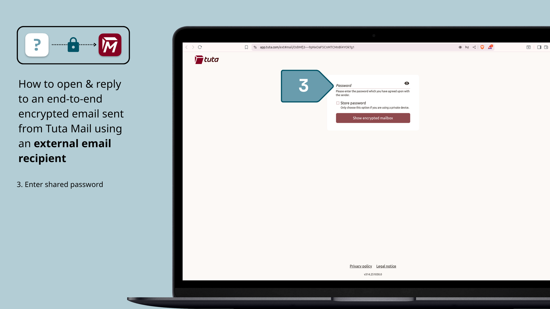 How the external recipient can open your end-to-end encrypted email: The recipient must then use the shared password to open the encrypted mailbox.