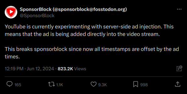 The ad blocker SponsorBlock publishes the news on Google’s server-side ad experiment.