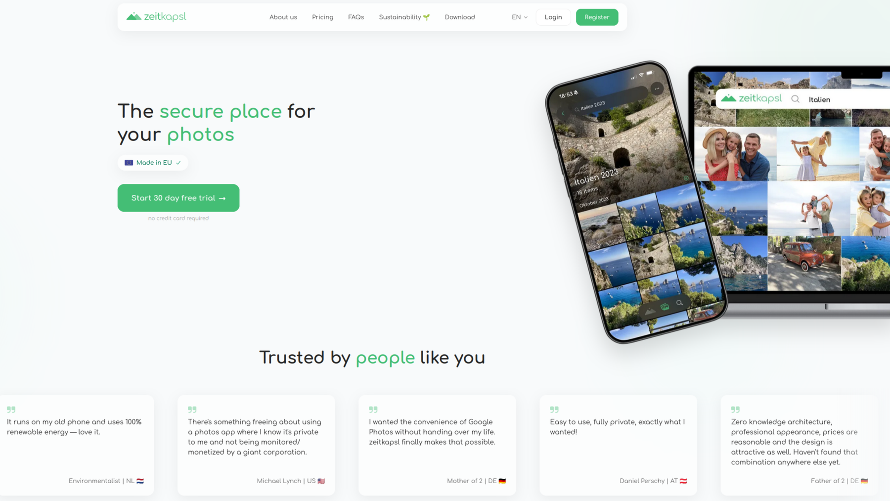 Screenshot of Zeitkapsl, an end-to-end encrypted photos storage solution that’s hosted in the European Union.