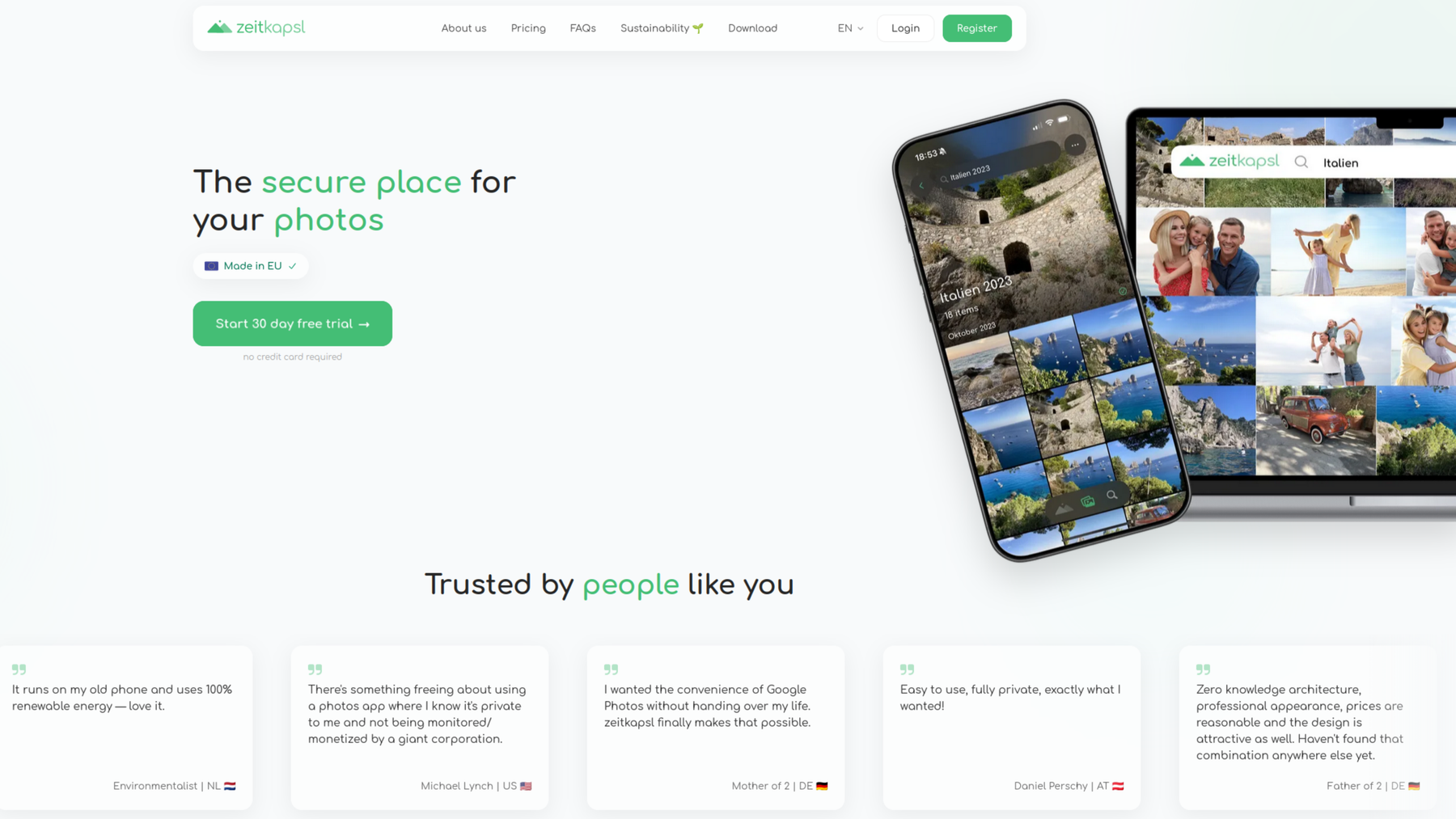 Screenshot of Zeitkapsl, an Ende-zu-Ende encrypted photos storage solution that's hosted in the European Union.