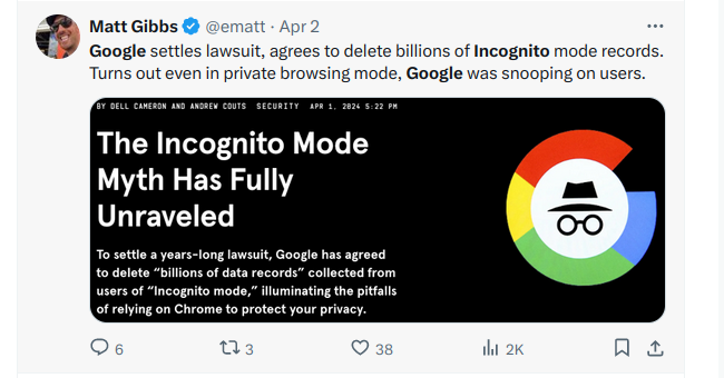 Google settles their incognito mode lawsuit, agreeing to delete data.