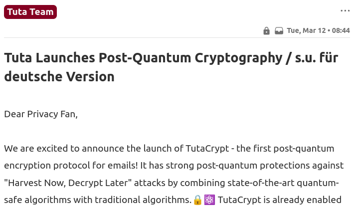 An encrypted Tuta email announcement