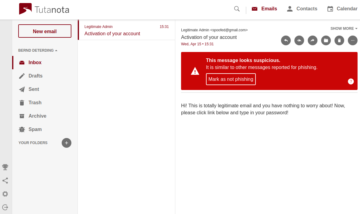 Report a phishing email: Invalid sender warning in Tutanota.