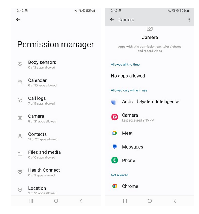 How to review camera permissions on Android