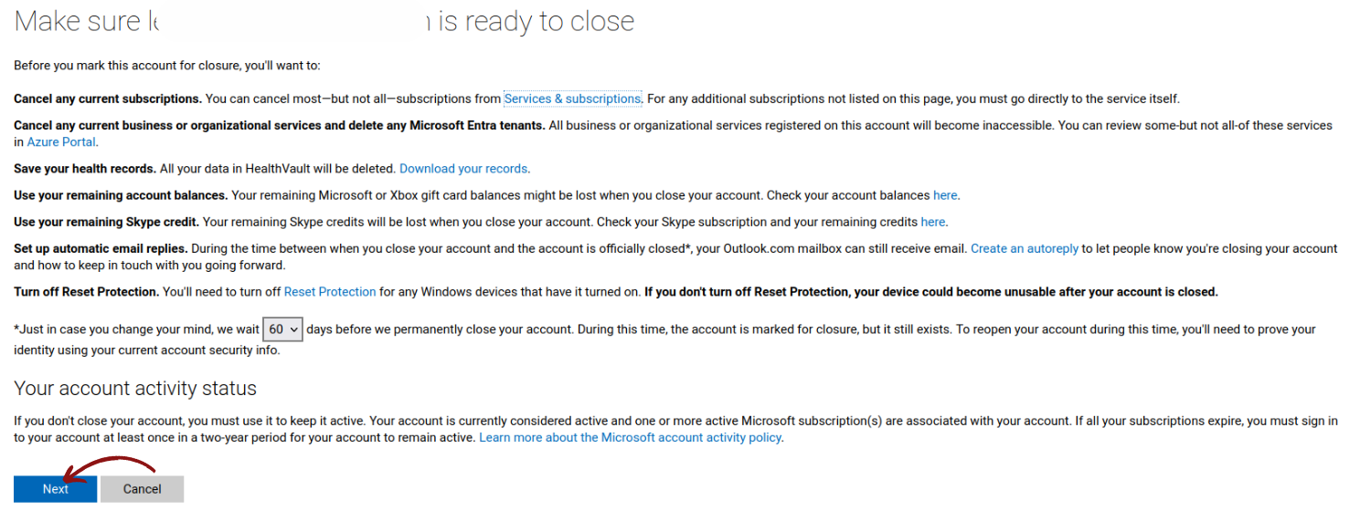 Things to consider before closing Outlook Account.