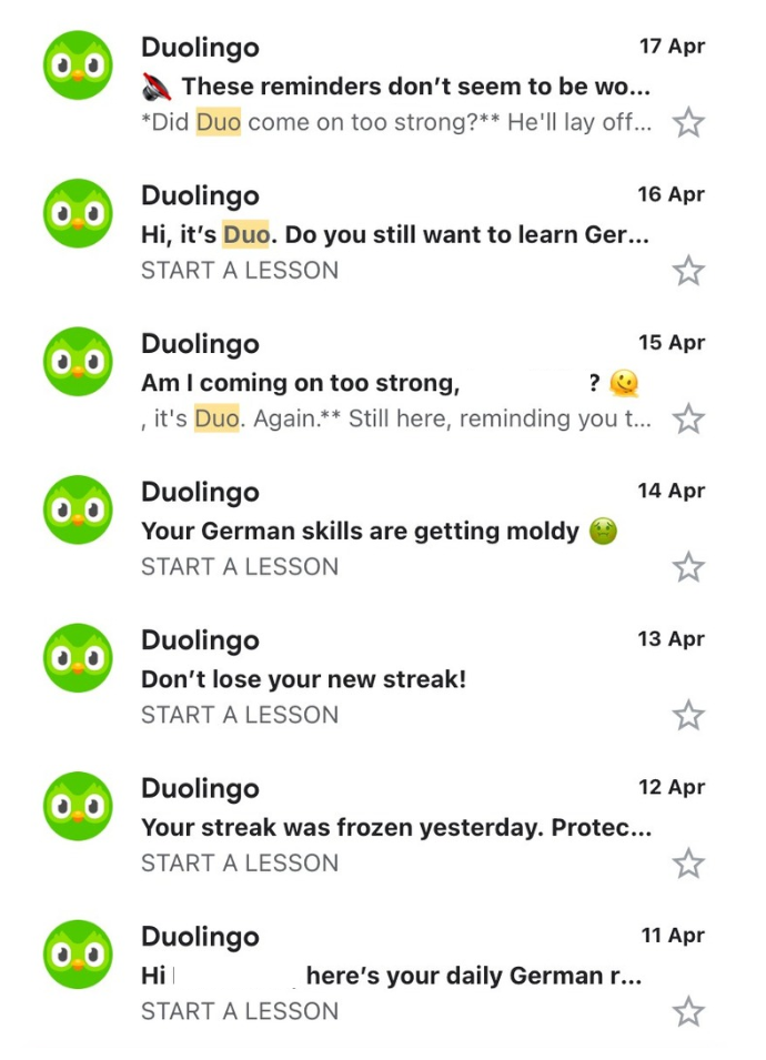 Sample of Duolingo Marketing Emails