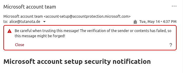 Das Bild zeigt eine gefälschte E-Mail-Warnung im Tuta-Mail-Client.