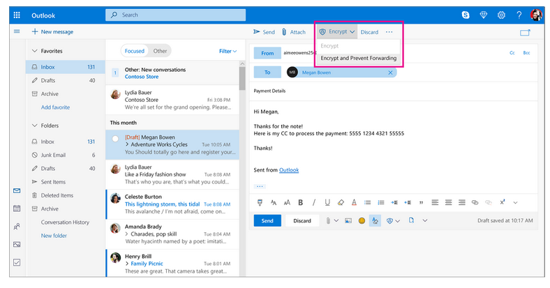 How to send an encrypted email in Outlook.com using Office Message Encryption (OME).