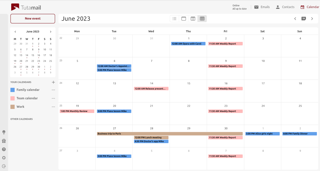 Tuta Calendar: Month view of the encrypted calendar on desktop.