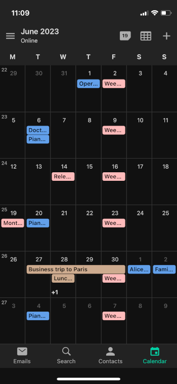 Month overview of the encrypted Tuta Calendar in the mobile app, dark theme