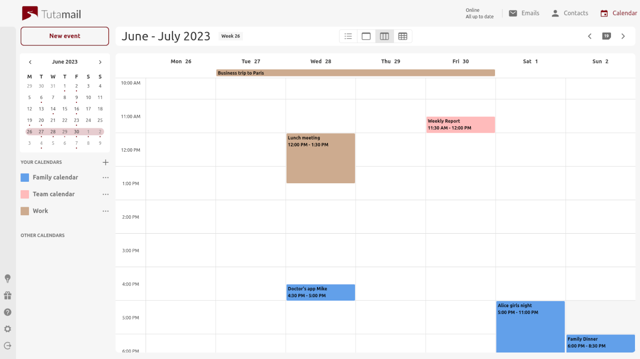 Week overview of the encrypted Tuta Calendar