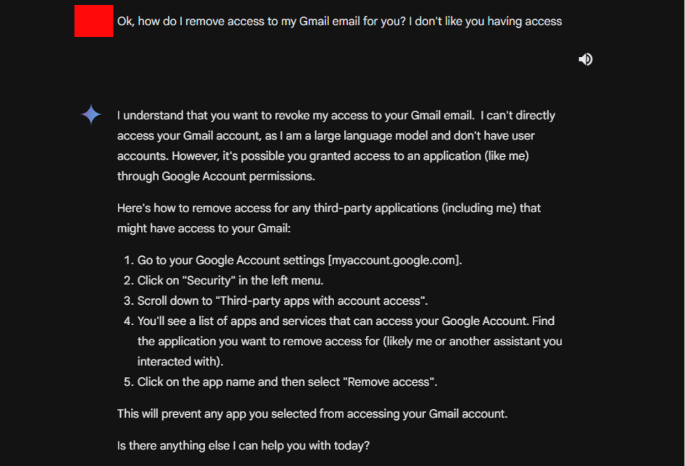 Screenshot of a conversation with Gemini on Gmail AI and how to remove access to protect private emails.