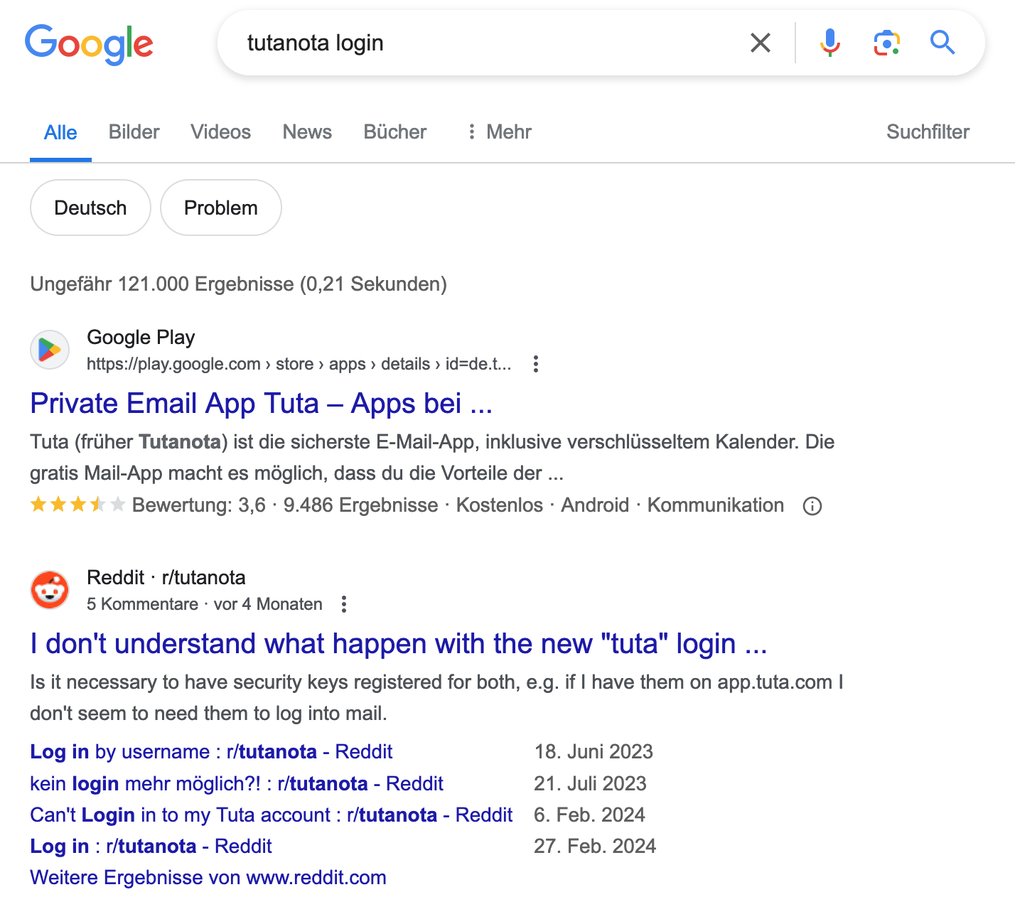 Google-Ergebnisse bei der Suche nach "Tutanota login" in Deutschland.