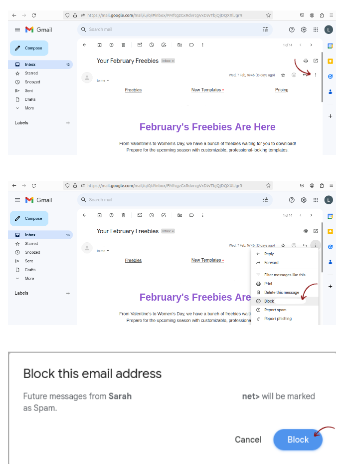 Blocking emails in Gmail Browser view.
