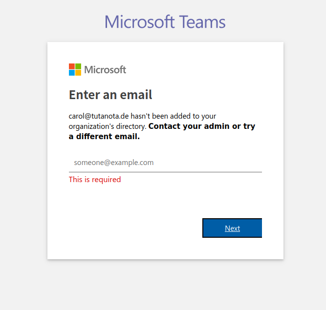 Microsoft blocks Tutanota users from registering Teams account.