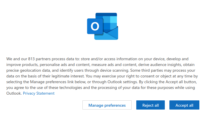Screenshot of Outlook's new cookie warning has updated to 813 partners