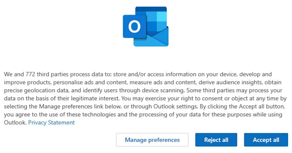 Screenshot of Outlook's new cookie warning: We and 772 third parties process data to: store and/or access information on your device, develop and improve products, personalize ads...