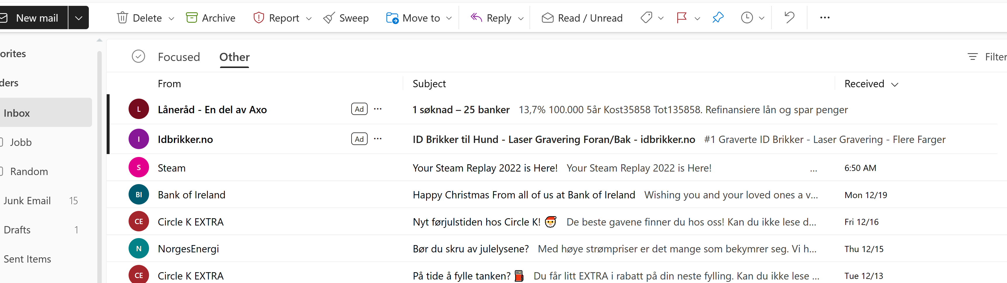Screenshot from an Outlook inbox with ads disguised as emails.